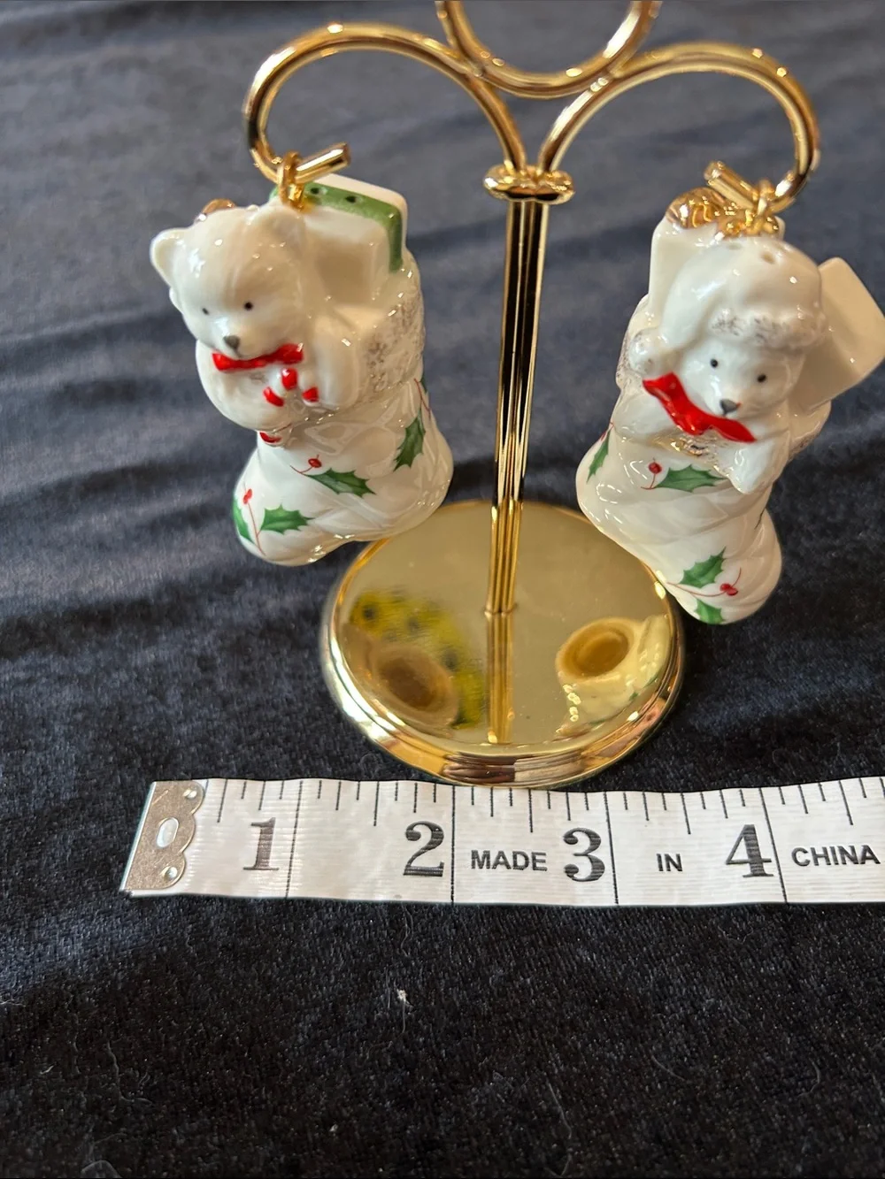 Lenox White Bear Stocking Salt & Pepper shakers with Green Holly